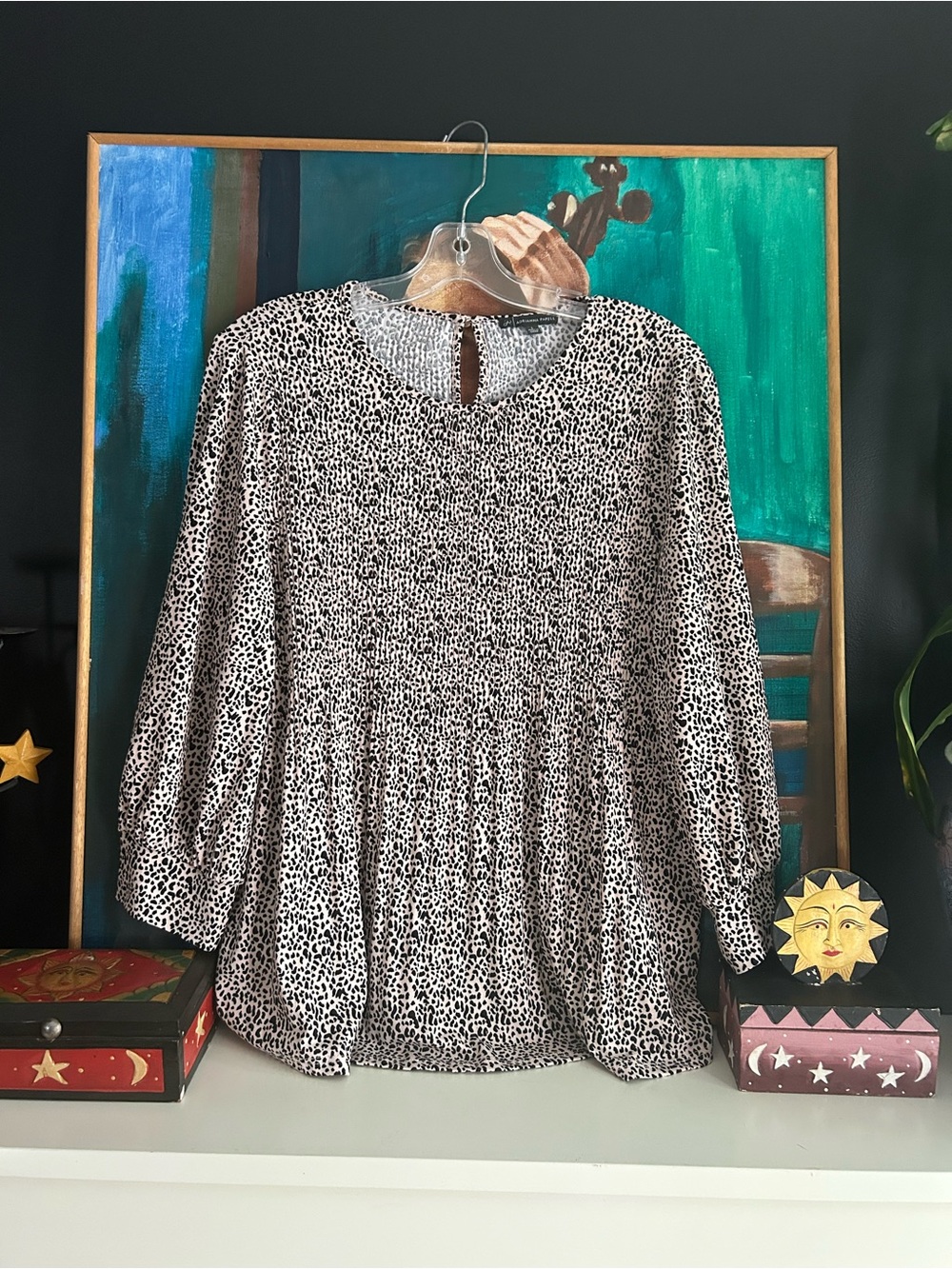 Adrianna Papell Leopard Smocked Balloon Sleeve Blouse Size Large
